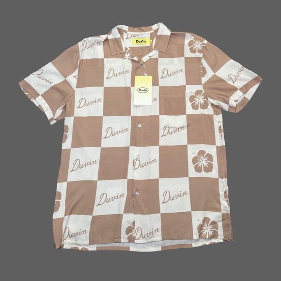 Duvin Checker Flower Button Up Tan Mens Size M NWT $68 - Picture 1 of 7